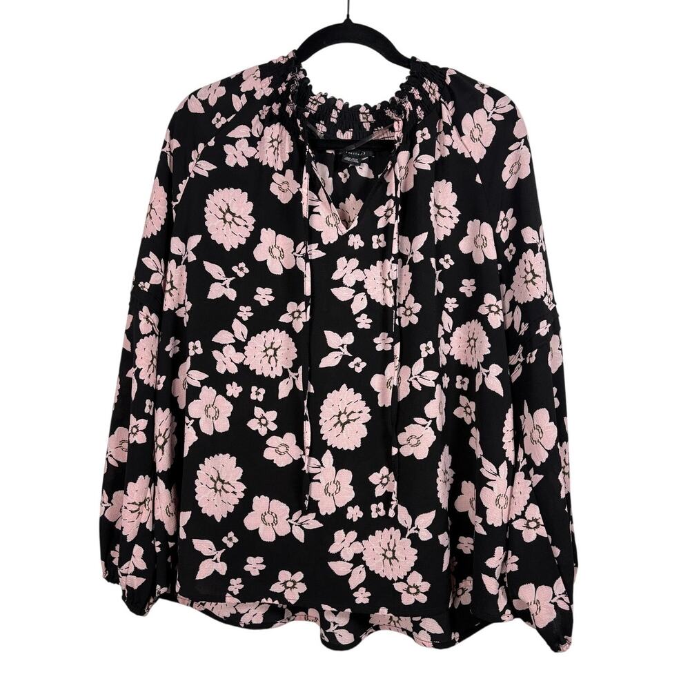 Social Standard by Sanctuary Pink Black Floral Smocked Tie Neck Peasant XXL